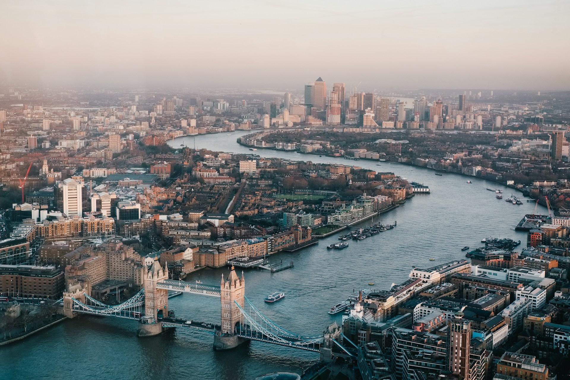 London city skyline at dusk, United Kingdom financial district
